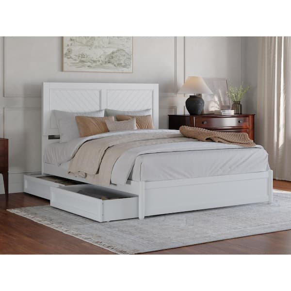 AFI Clayton White Solid Wood Frame Queen Platform Bed with Panel Footboard and Storage Drawers