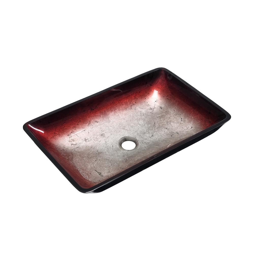 Ember Red Rectangular Glass Vessel Sink with Waterfall Faucet