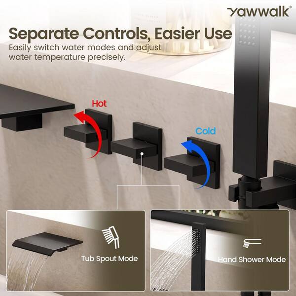 YAWWALK 3-Handle Wall Mount Waterfall Roman Tub Faucet 5.6 GPM