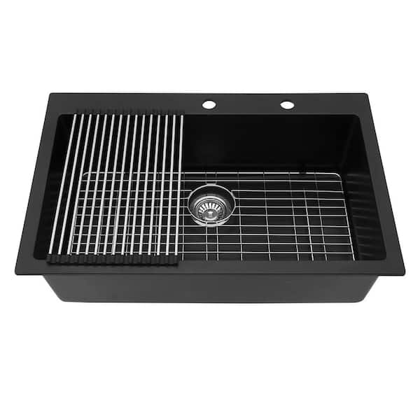 Loile 33 in. L Drop-In Single Bowl Black Granite Composite Kitchen Sink with Grid, Strainer Basket and Drying Rack
