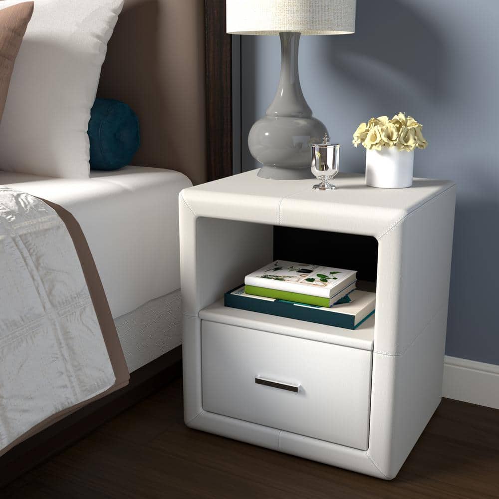 Lombardi Upholstered 1-Drawer Nightstand with Storage Shelf, White Faux Lea