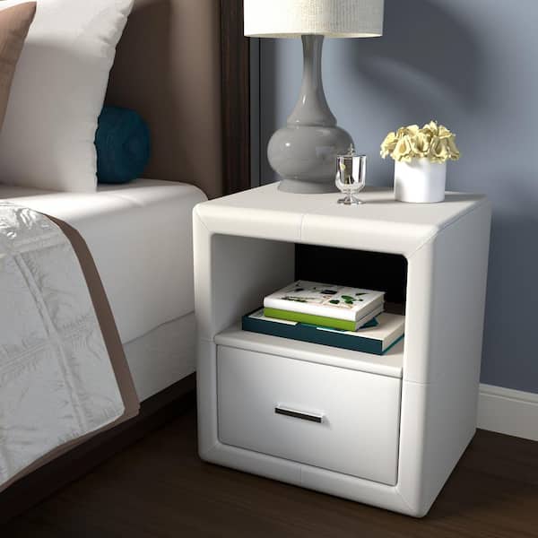 Boyd Sleep Lombardi Upholstered 1-Drawer Nightstand with Storage Shelf, White Faux Leather - Ships Fully Assembled