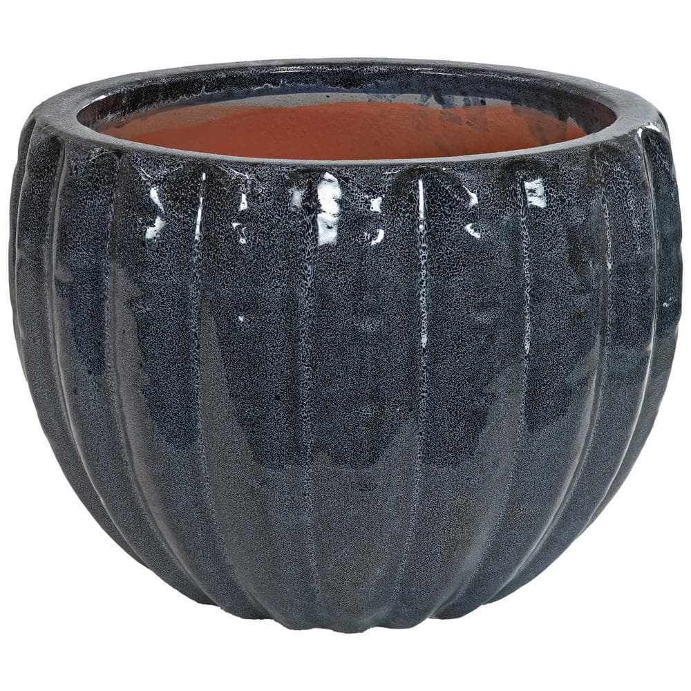 Black Mist Fluted Ceramic Outdoor Planter Pot, 13.5" Diameter