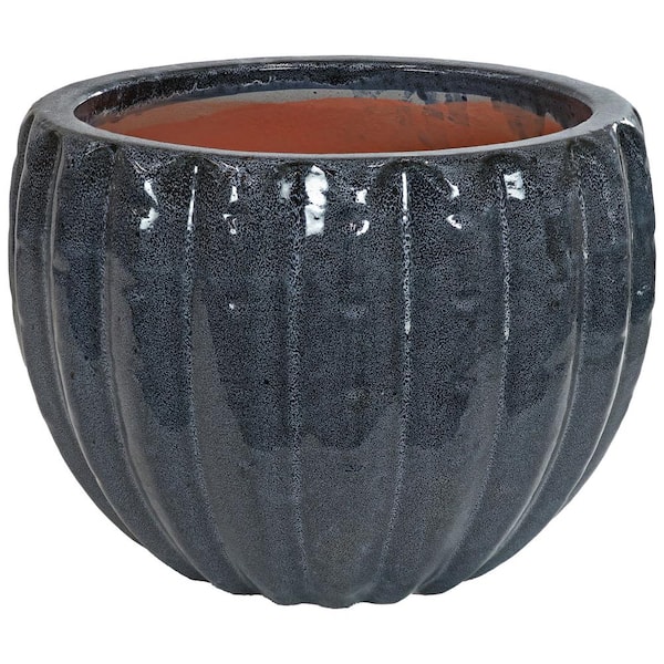 Sunnydaze 14 in. (35.6 cm) Fluted Glazed Ceramic Planter - Black Mist
