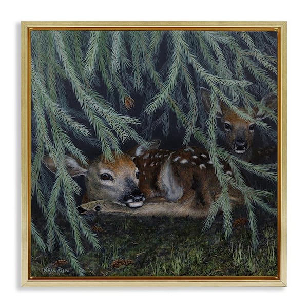 Stupell Industries Deer Under Forest Tree by Valerie Rogers Gold Floater Frame Animal Graphic Art Print 18 in. x 18 in.