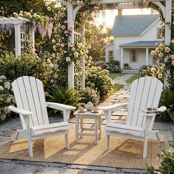 White Folding Wood Adirondack Chair, Outdoor Lounge Chair (Set of
