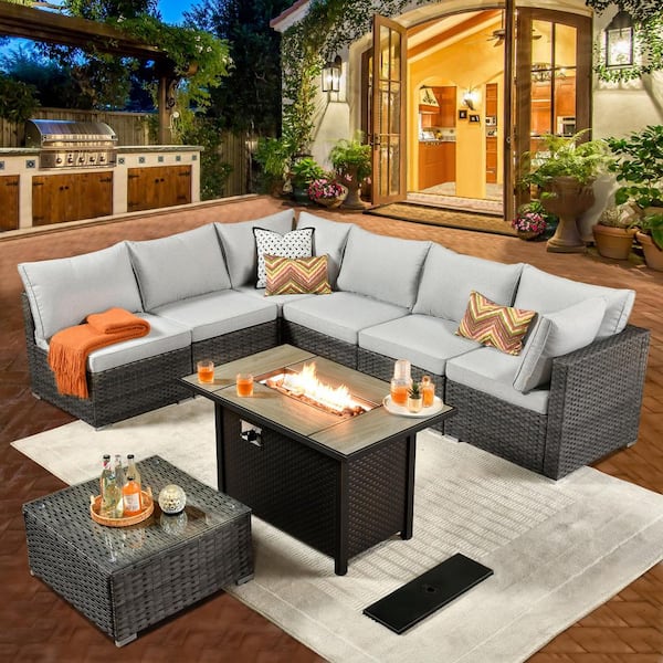 weaxty W Daffodil A Gray 8-Piece Wicker Patio Rectangular Fire Pit Conversation Sofa Set with Gray Cushions