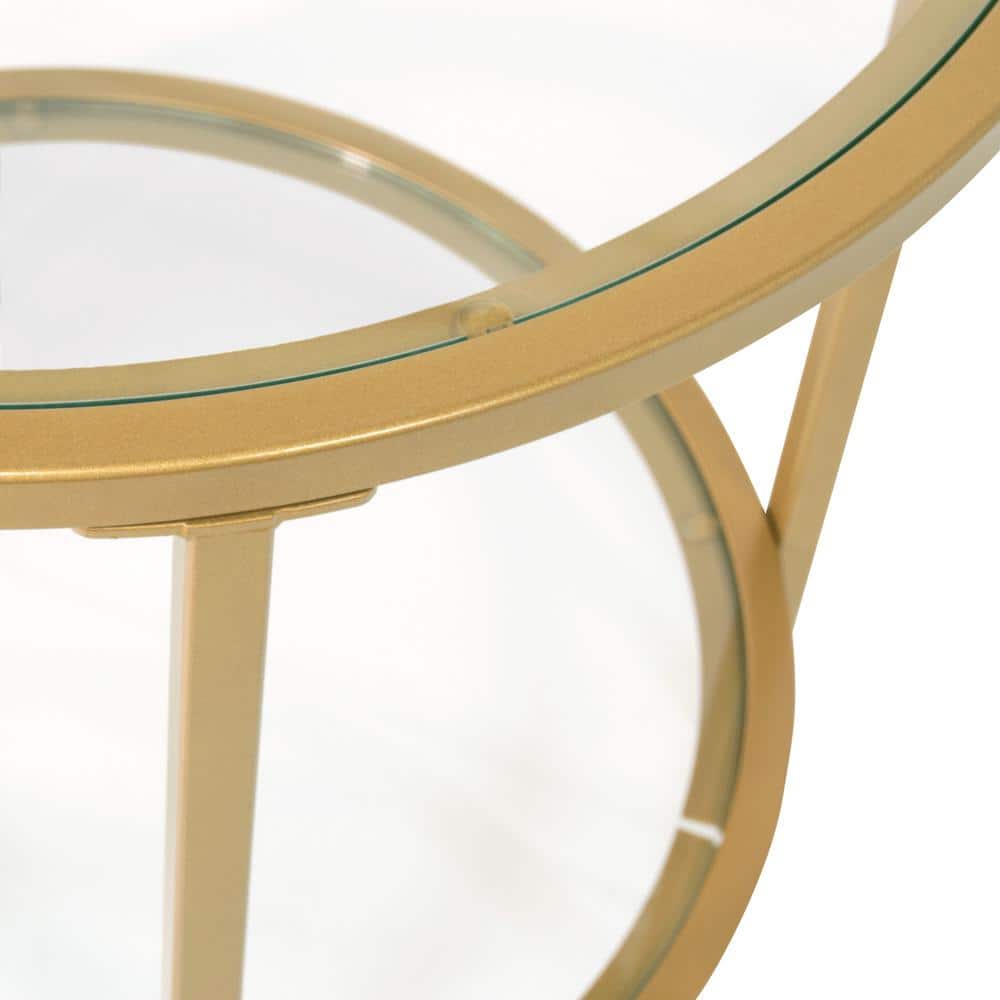 Gold Round Metal and Glass End Table with Dual Shelves