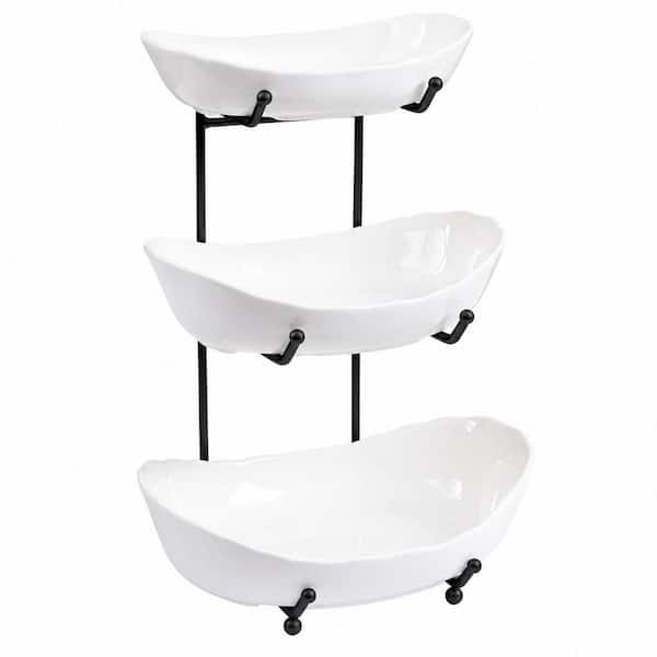 3-Tier Ceramic Fruit Bowl for Kitchen Counter, Tiered Fruit Bowl for Fresh Fruit and Veggies, Serving Trays, Gold Rack