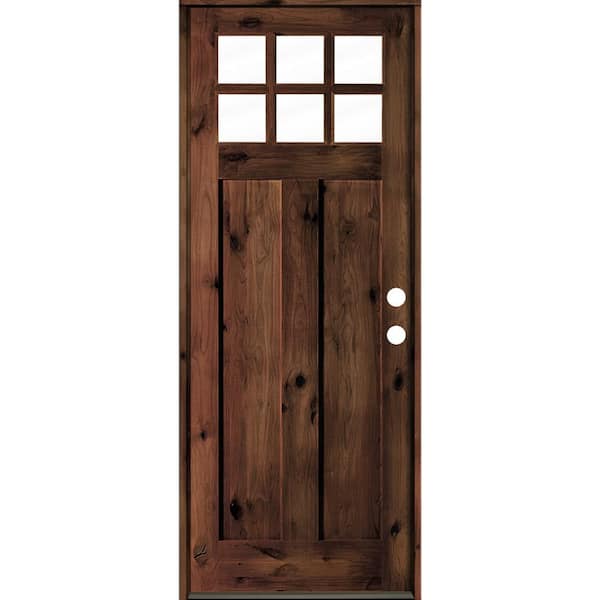 Krosswood Doors 36 in. x 96 in. Craftsman Knotty Alder Clear Low-E 6-Lite Red Mahogony Stain Wood Left Hand Single Prehung Front Door