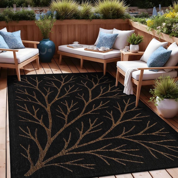 Flora Gold 9 ft. x 12 ft. Coral Branch Washable Indoor Outdoor Area Rug