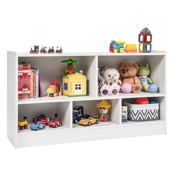 24 in. White Kids 2-Shelf Bookcase 5-Cube Wood Toy Storage Cabinet Organizer