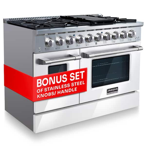 Professional 48 in. Freestanding Dual Fuel Range, 8-Burners, 6.7 cu. ft. Double Oven, Griddle in Lustrous White