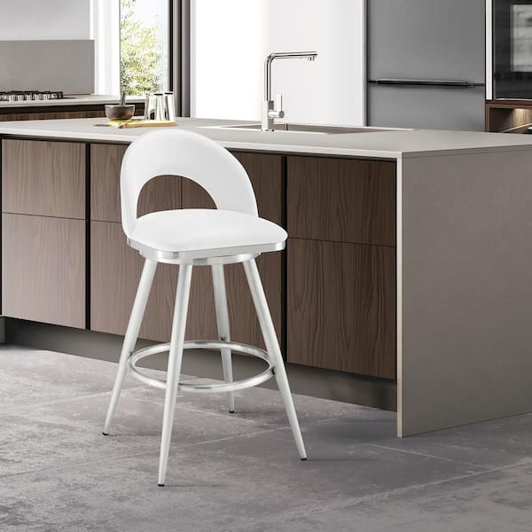 Armen Living Charlotte 30 in. White Low Back Metal Bar Stool with Faux Leather Seat