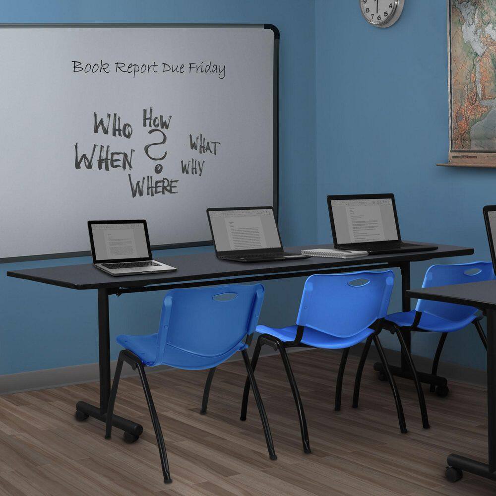 Kobe 84 in. x 24 in. Grey Flip-Top Training Nesting Table Desk, 2 M Stack Chairs-Blue