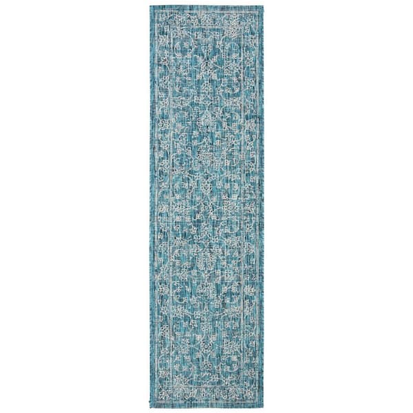 SAFAVIEH Courtyard Turquoise 2 ft. x 16 ft. Border Floral Scroll Indoor/Outdoor Patio  Runner Rug