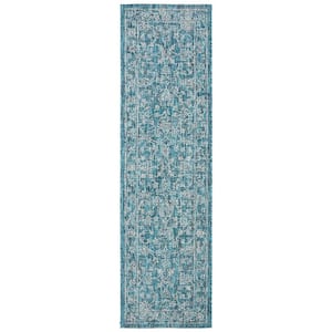 Courtyard Turquoise 2 ft. x 18 ft. Border Floral Scroll Indoor/Outdoor Patio  Runner Rug
