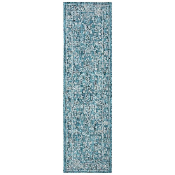 Courtyard Turquoise 2 ft. x 5 ft. Border Floral Scroll Indoor/Outdoor Runner Rug