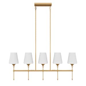 38.58 in. 5-Light Kitchen Island Linear Chandelier Classic Brushed Brass Pendant Light with Glass Shade