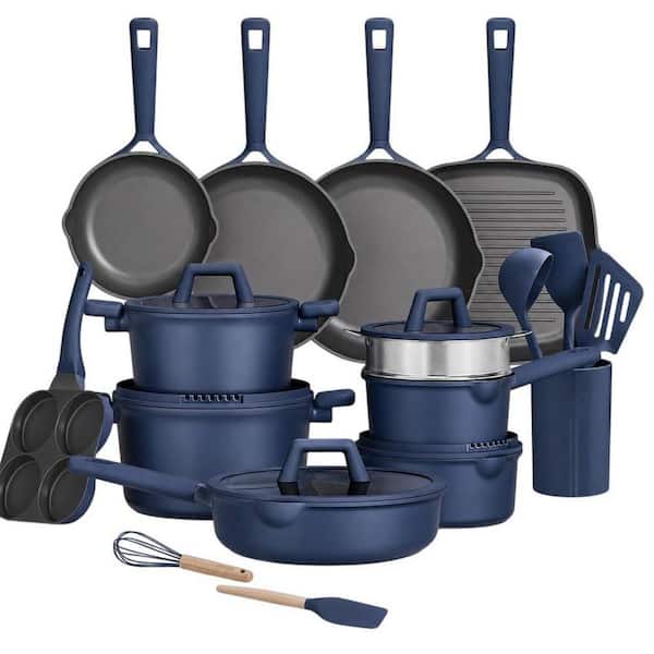 31-Piece Nonstick Aluminum Cookware Set with Lids in Blue, Induction Titanium Cookware Non-toxic Granite Cooking Set