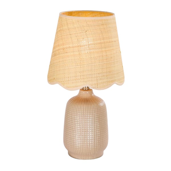 Pia Ricco 18.9 in. Light Camel Ceramic Table Lamp with Rattan Lace Shade