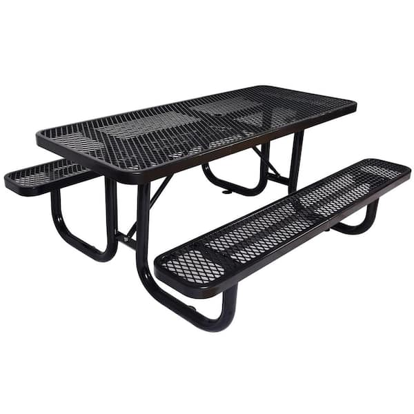72 in. Black Expanded Metal Rectangular Picnic Table with Umbrella Hole