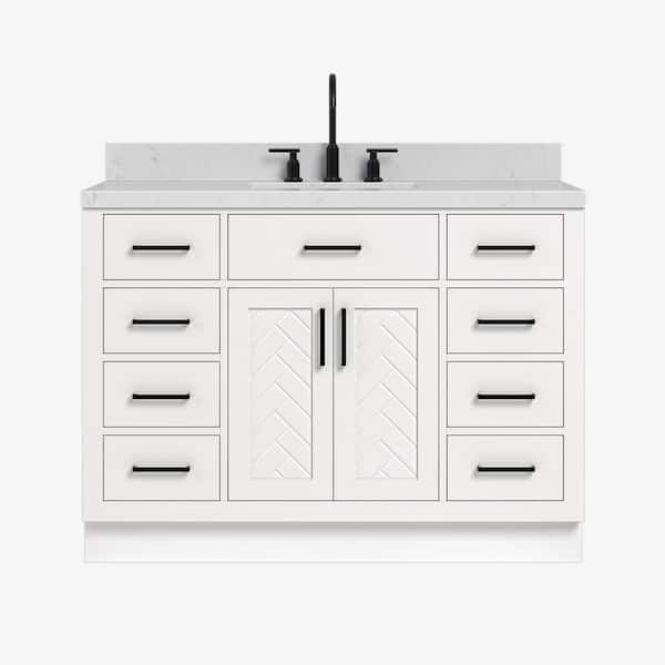 Herringbone 48 in. Single Sink Freestanding Bath Vanity in White with and Carrara Quartz Top