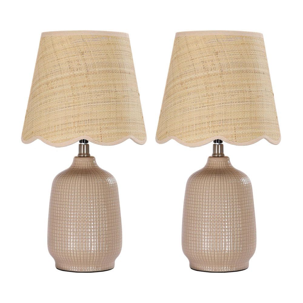 Pia Ricco 18.9 in. Bisque Table Lamps with Rattan Shade, Living Room Ceramic Lamp (Set of 2)
