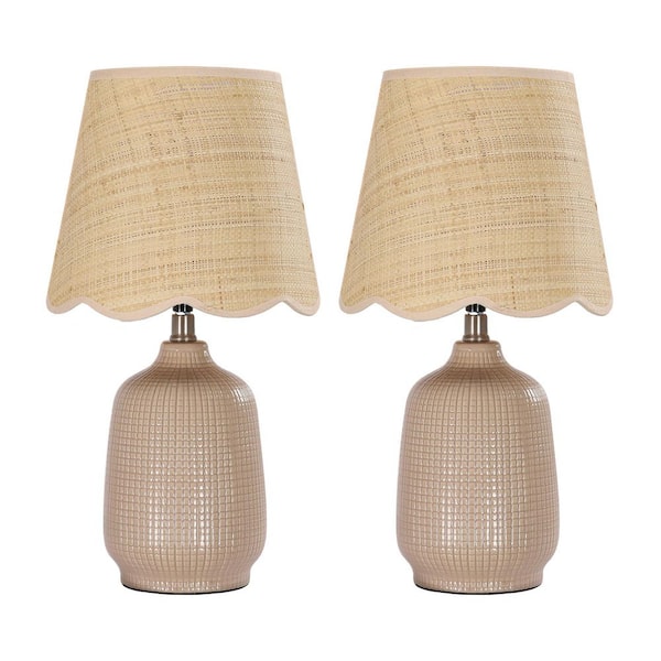 18.9 in. Bisque Table Lamps with Rattan Shade, Living Room Ceramic Lamp (Set of 2)