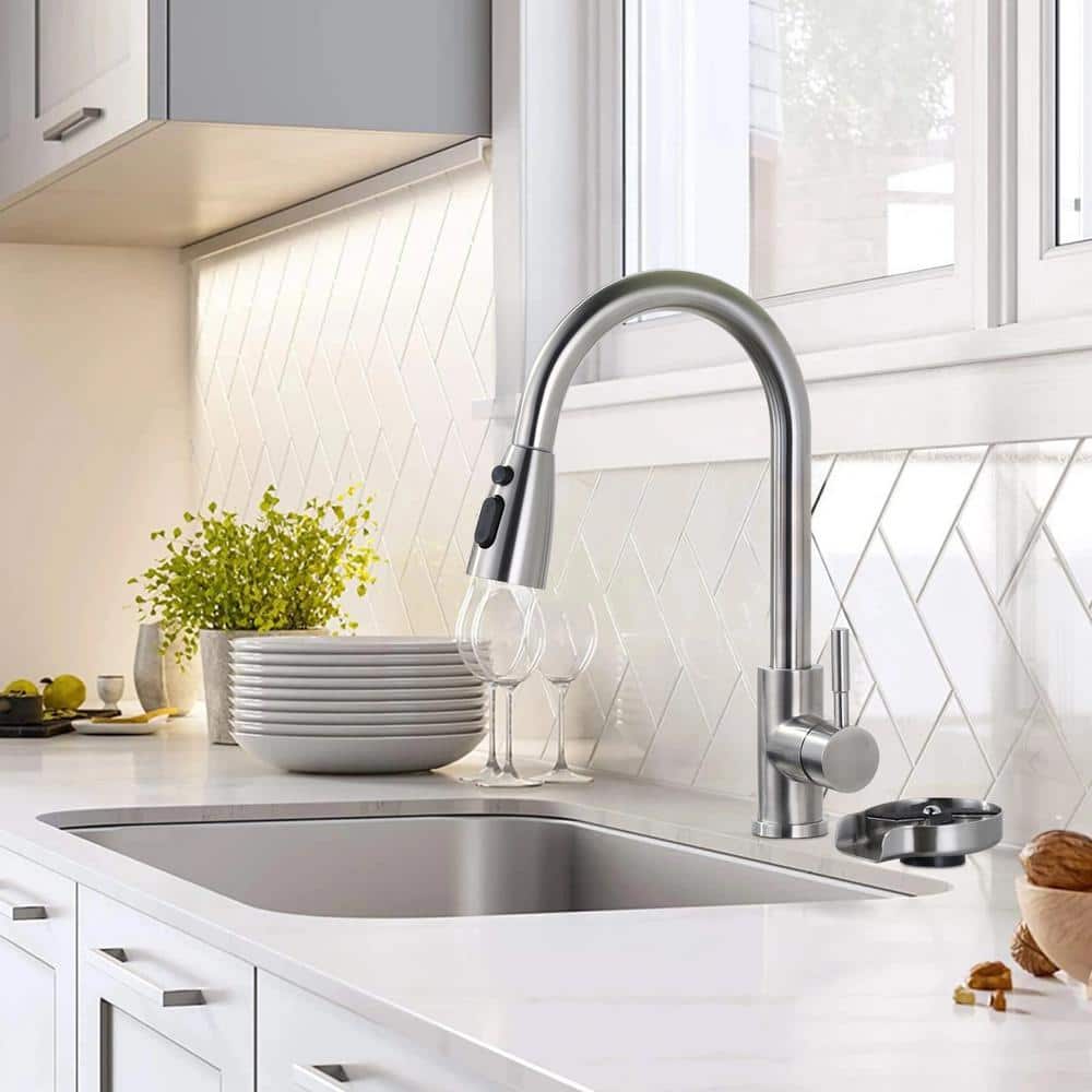 Brushed Nickel Single Handle Pull Down Kitchen Faucet with Glass Rinser
