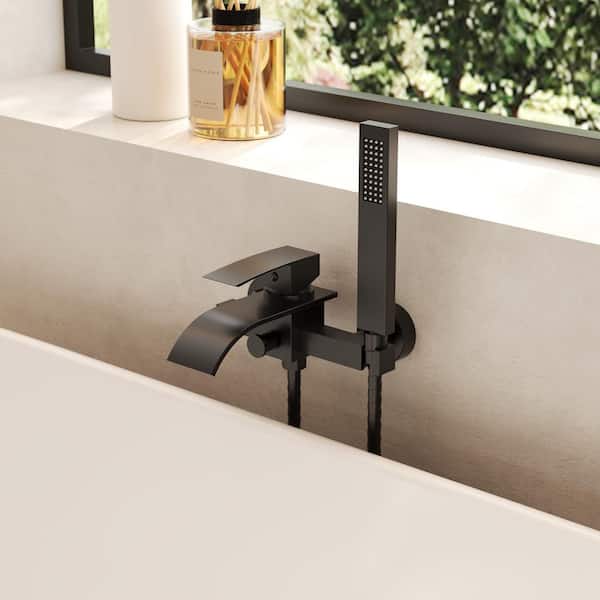 Single Handle Wall Mount Waterfall Roman Tub Faucet with Hand Shower in Matte Black (Valve Included)