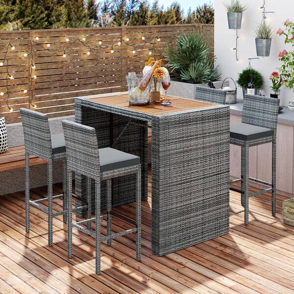 Unbranded New Gray 5-Piece Wicker Rectangle Bar Height Outdoor Serving Bar Set with Removable Gray Cushion, Wood Table Top