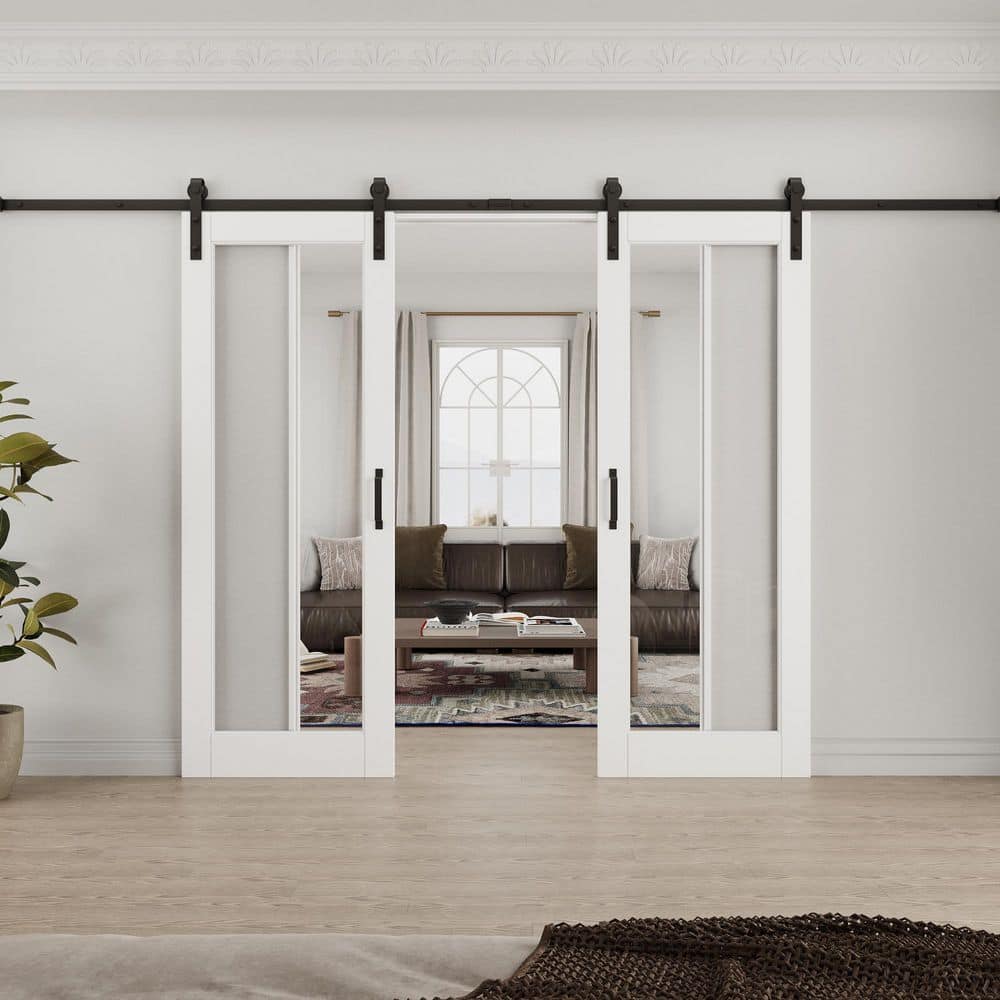 64 in. x 80 in. 1-Lite Tempered Clear Glass White Primed Solid Core MDF Sliding Barn Door with Hardware Kit price history on PriceWatchPro