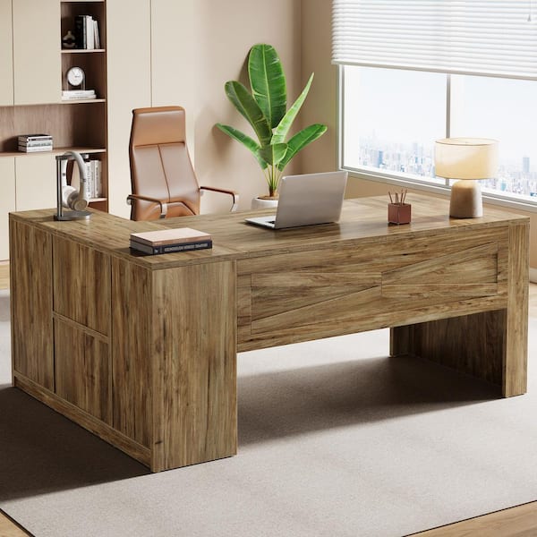 Halseey 71 in. L-Shaped Rustic Brown Wood Executive Desk, Large Computer Desk Office Desk with Storage, Shelves and Door