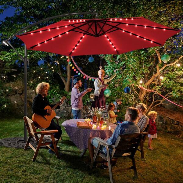 10 Ft Market Solar Patio Umbrella Outdoor Offset Hanging With 40 Led Lights In Wine Gym07036 The Home Depot 10 Ft Market Solar Patio Umbrella, How To Hang Lights Under Patio Umbrella