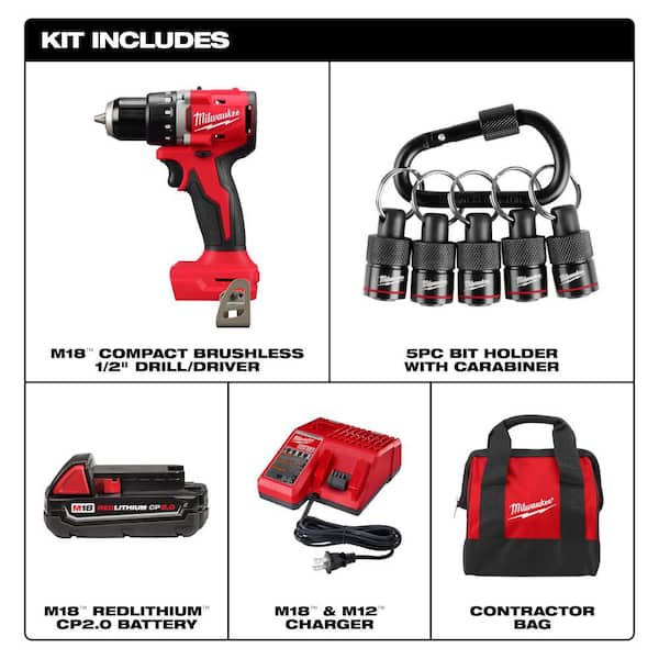 M18 18V Lithium-Ion Brushless 1/2 in. Compact Drill/Driver Kit with 5-Pc Carabiner Hex Holder