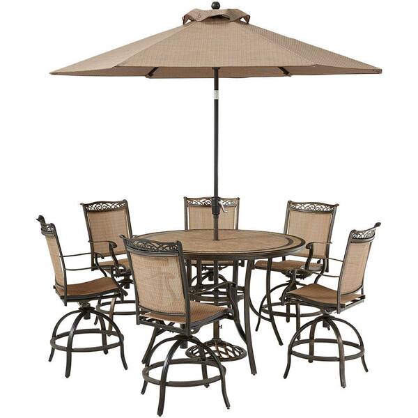 Have A Question About Hanover Fontana 7 Piece Aluminum Outdoor Dining Set 6 Chairs 56 In Round Tile Top Table Umbrella Base Bronze All Weather Pg 1 The Home Depot - Patio Furniture Sets With Umbrella Home Depot