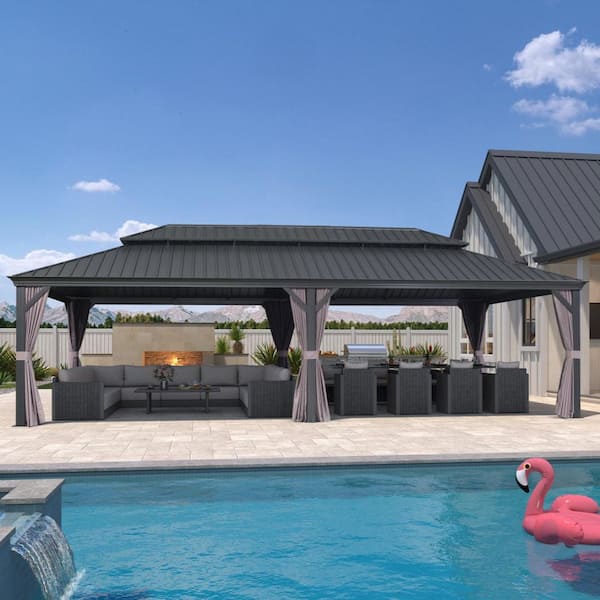 PURPLE LEAF 12 ft. x 26 ft. Luxury Patio Outdoor Gazebo for Backyard Hardtop Aluminum Frame with Netting, Hooks, Upgrade Curtain