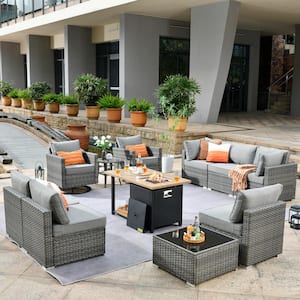 Hippish Gray 11-Piece Wicker Patio Fire Pit Table Conversation Set with Dark Gray Cushions and Swivel Rocking Chairs