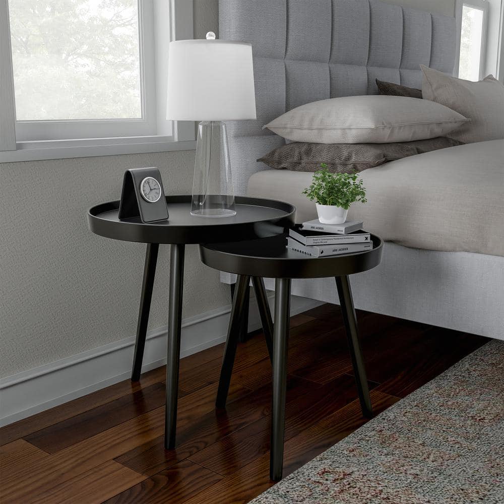 Black Round Nesting End Tables with Raised Lip, Set of 2