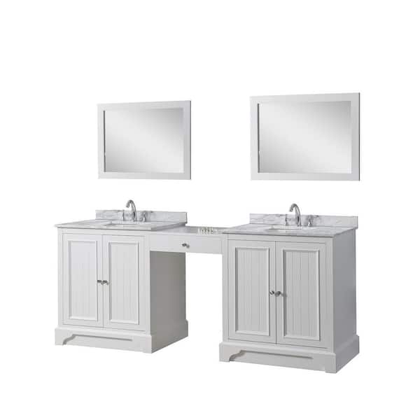 Kingswood 87 in. W x 25 in. D x 36 in. H Double Bath Vanity in White with White Carrara Marble Top and 2 Mirrors