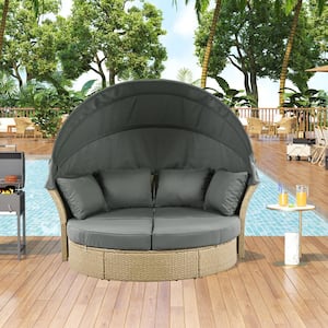 Wicker Outdoor Day Bed, Round Sofa Furniture Set with Retractable Canopy, 4-Pillows for Lawn Garden and Gray Cushions