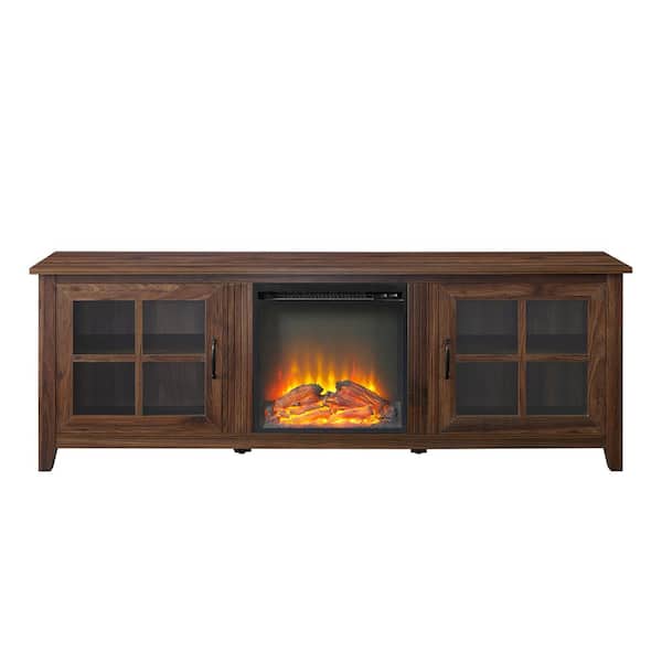 Boyel Living Dark Brown Modern Farmhouse 2-Door Glass TV Stand Fits TVs up to 70 to 85 in.