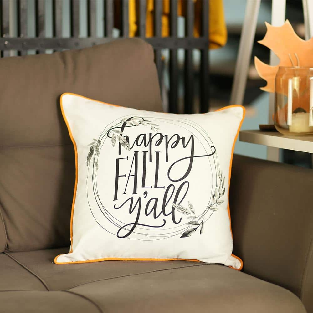 Mike & Co. New York Fall Season Decorative Throw Pillow Quote 18 in. x 18 in. White and Orange Square Thanksgiving for Couch Set of 4, White/ Orange