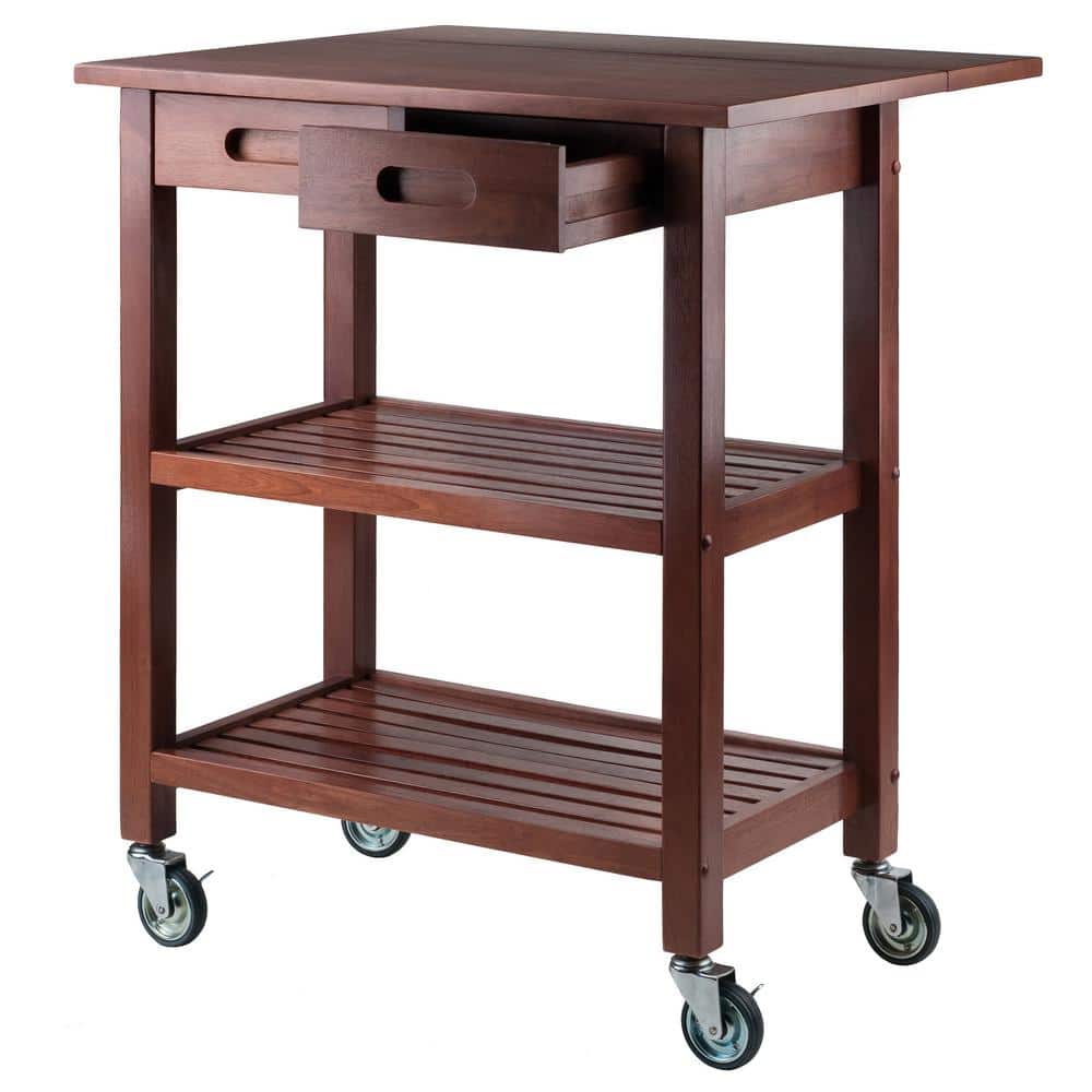 Transitional Walnut Kitchen Cart with Drop Leaf and Storage