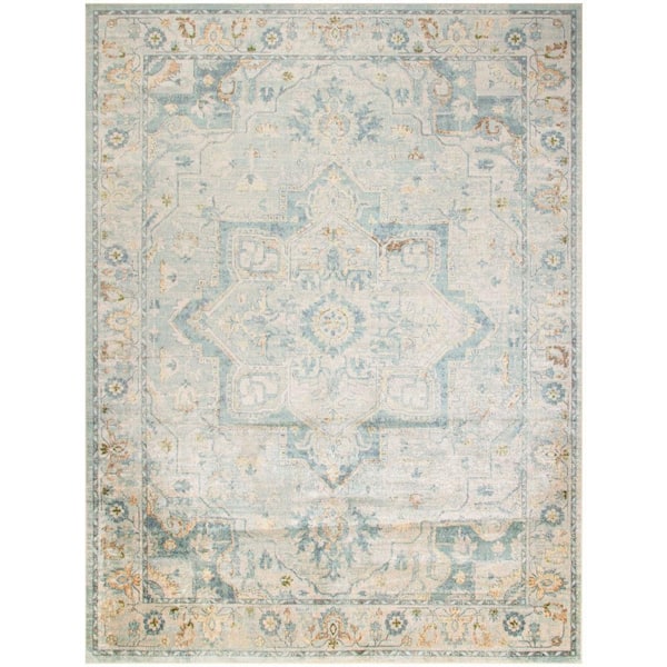 Nourison Astra Machine Washable Light Blue 9 ft. x 12 ft. Center medallion Traditional Area Rug
