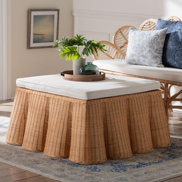 Palm Light Honey Rattan and Fabric 35 in. Square Ottoman