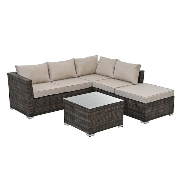 Unbranded 4-Piece Wicker Outdoor Sofa Sectional Set with Beige Cushions