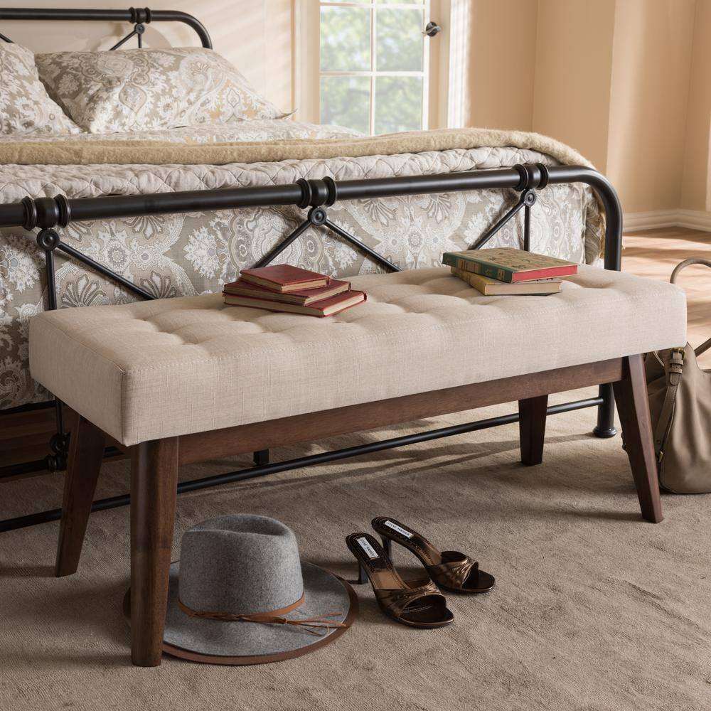 Elia 43'' Light Beige Button-Tufted Bench in Walnut Wood