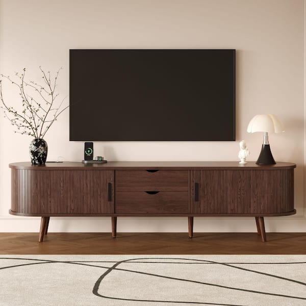 70 in. Dark Brown Modern TV Stand Fits TVs up to 80 in. with Tambour Door & Power Outlet
